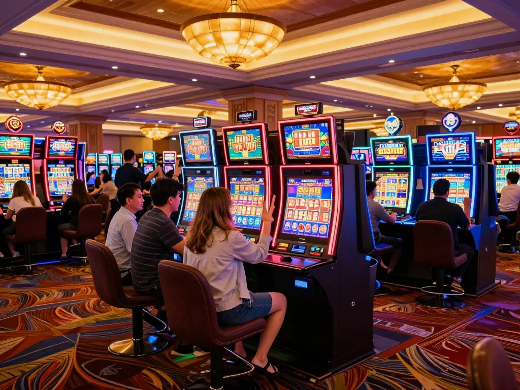 Pemain menikmati putaran yang mendebarkan di mesin slot yang berwarna-warni di kasino pupisgames, menangkap suasana yang hidup.