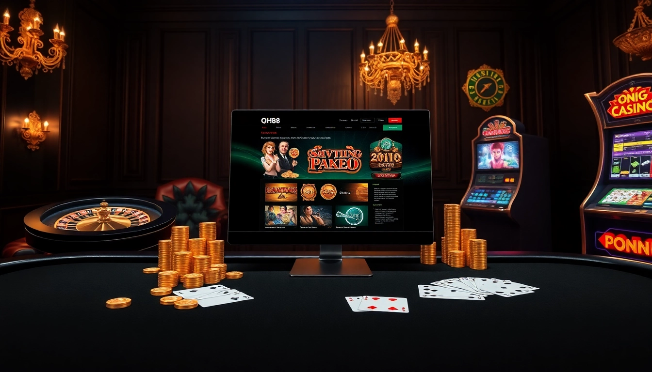 Experience the thrill of qh88 online casino with a professional gaming setup featuring poker chips and slots.