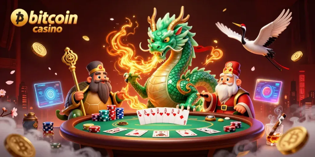 Experience an engaging bitcoin casino scene with a jade dragon, turtle sage, and lucky cranes.