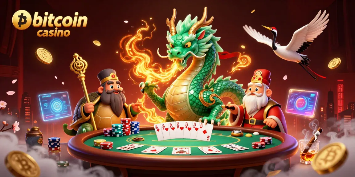 Experience an engaging bitcoin casino scene with a jade dragon, turtle sage, and lucky cranes.