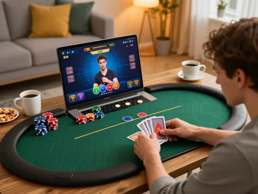 Join exciting online poker games at gi88 with a focused player analyzing their cards and strategy.