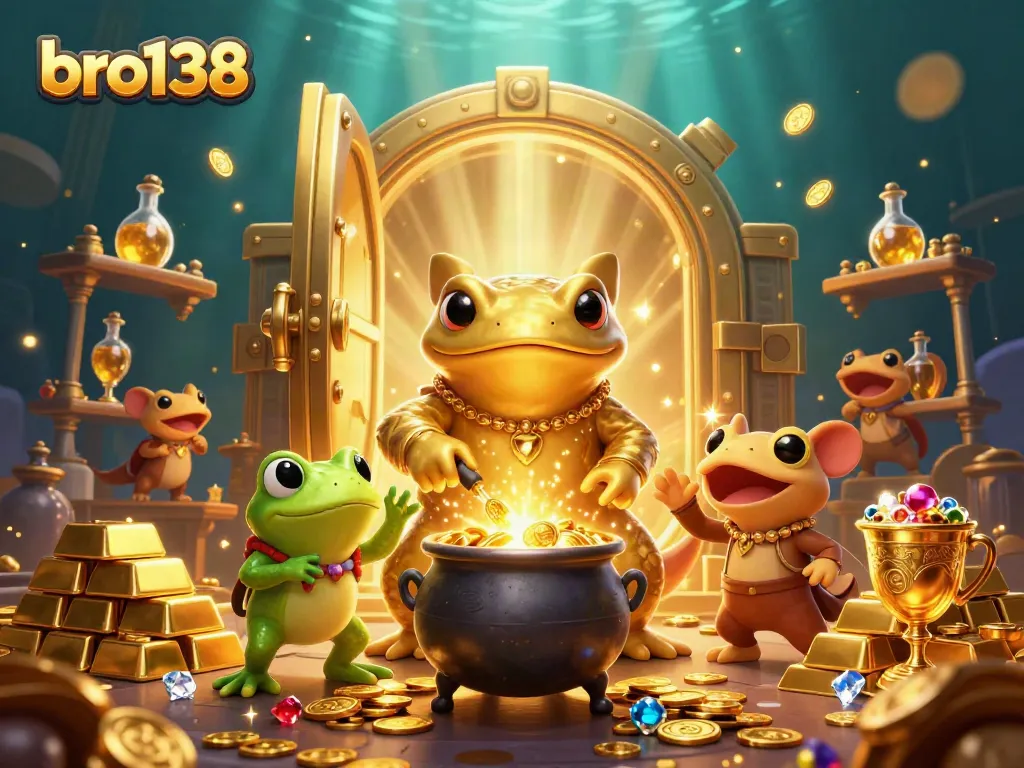 Play exciting games at bro138 with a colorful scene of a golden salamander alchemist and rich treasures.