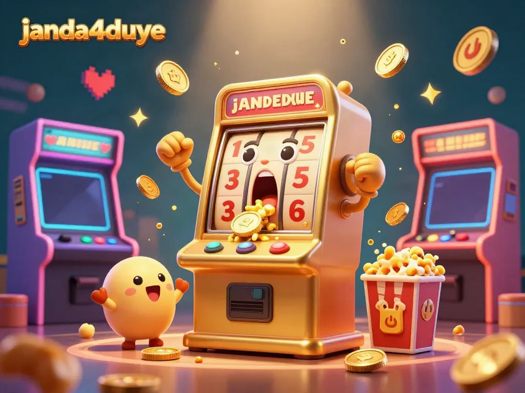 Janda4duye memenangkan jackpot dengan mesin slot emas, dikelilingi oleh mesin arcade berwarna-warni dan koin emas.
