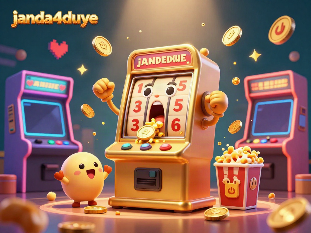 Janda4duye memenangkan jackpot dengan mesin slot emas, dikelilingi oleh mesin arcade berwarna-warni dan koin emas.