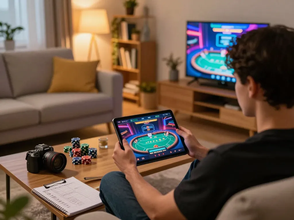 Engaging in exciting online gaming at 789 CLUB while utilizing a tablet for poker strategy in a cozy living room.