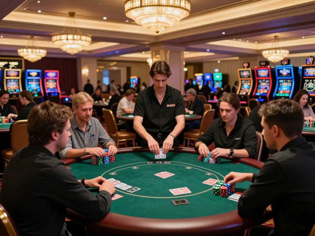 hitclub players intensely strategizing in a high-stakes poker tournament at an upscale casino.