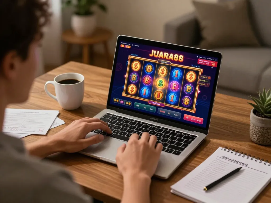 Engaging with JUARA88's online slots while enjoying a comfortable home gaming setup.