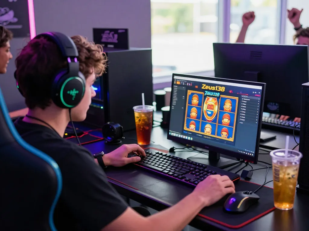 Player enjoying Zeus138 online slots with vibrant gaming setup and accessories.