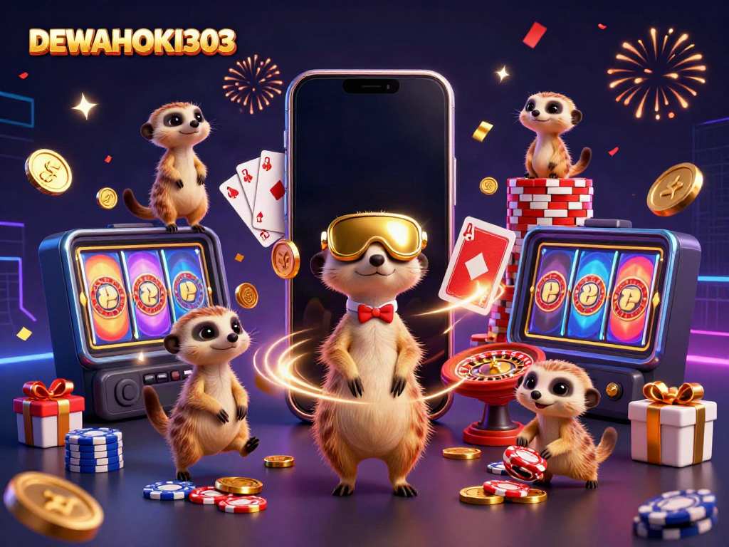 DEWAHOKI303 menghadirkan kasino hidup dengan karakter meerkat yang sedang bermain dadu dan slot.