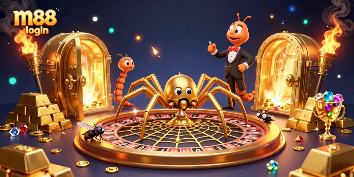 Engage with m88 login and place bets in a vibrant 3D casino scene with gold treasures.