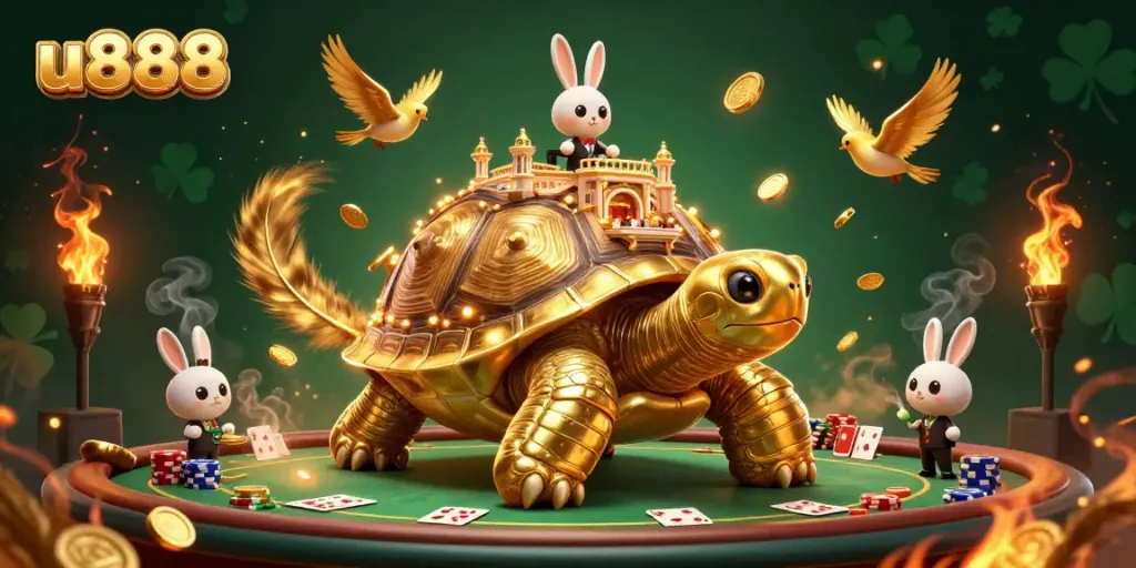 Experience the thrill of winning at u888 with a vibrant casino scene featuring a dealer and gold coins.