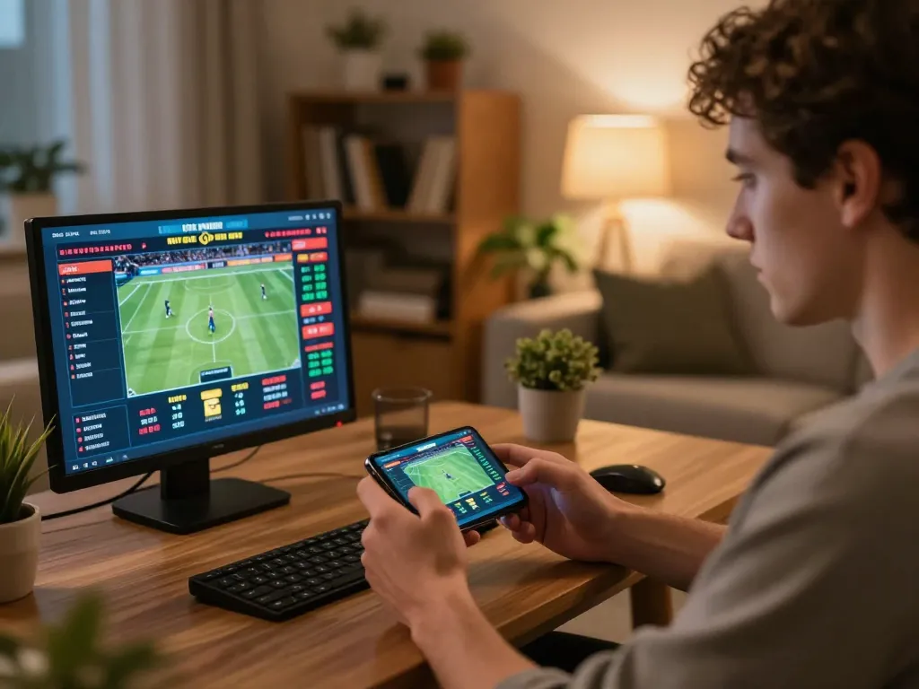 Player engaging in nk88 mobile sports betting at home, displaying strategic focus and a cozy atmosphere.