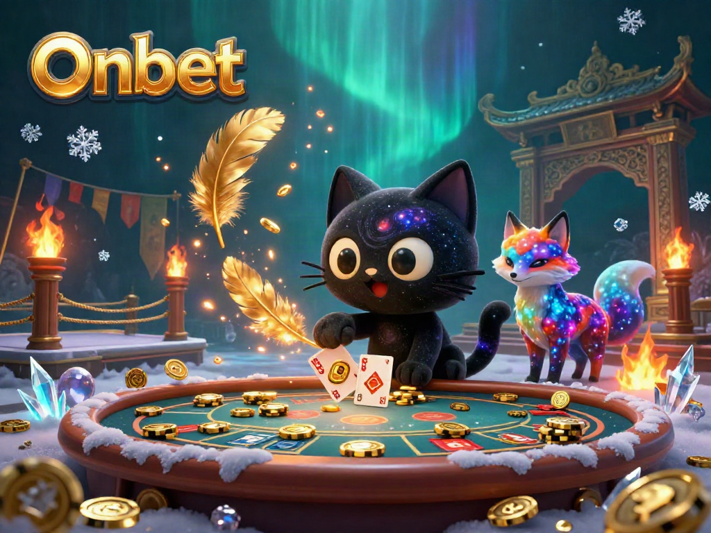 Experience Onbet with a cosmic cat and nebula fox in a vibrant casino setting, pulling in chips and cards.