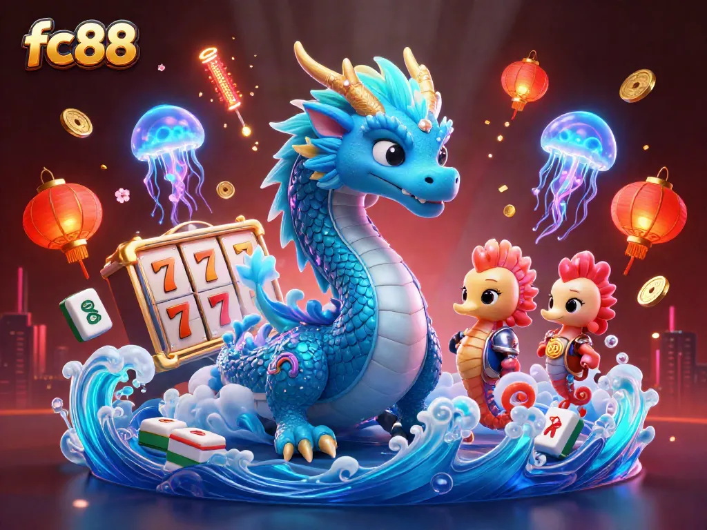 Engage in casino excitement with fc88's vibrant 3D fantasy scene featuring a dragon and slot reels.