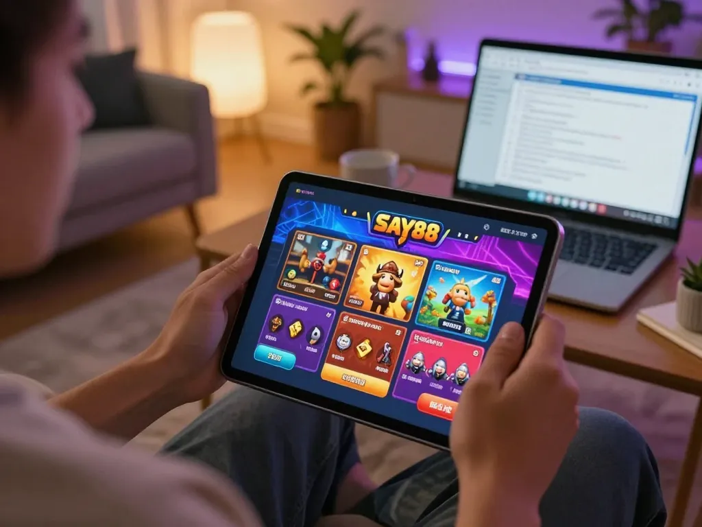 Engaging in thrilling gameplay on the Say88 mobile app in a cozy home atmosphere