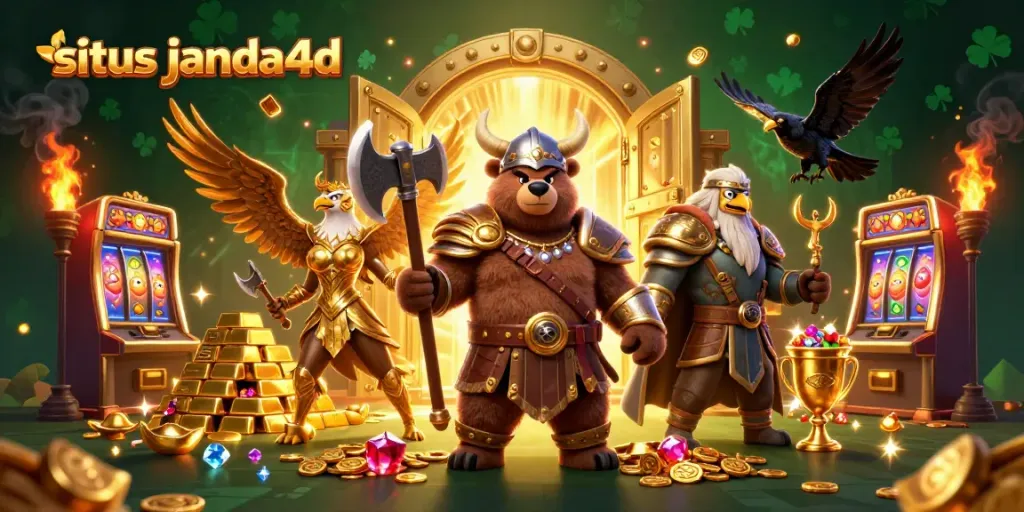 Menangkan jackpot dengan situs janda4d bersama karakter kartun Viking dan harta karun berkilauan.