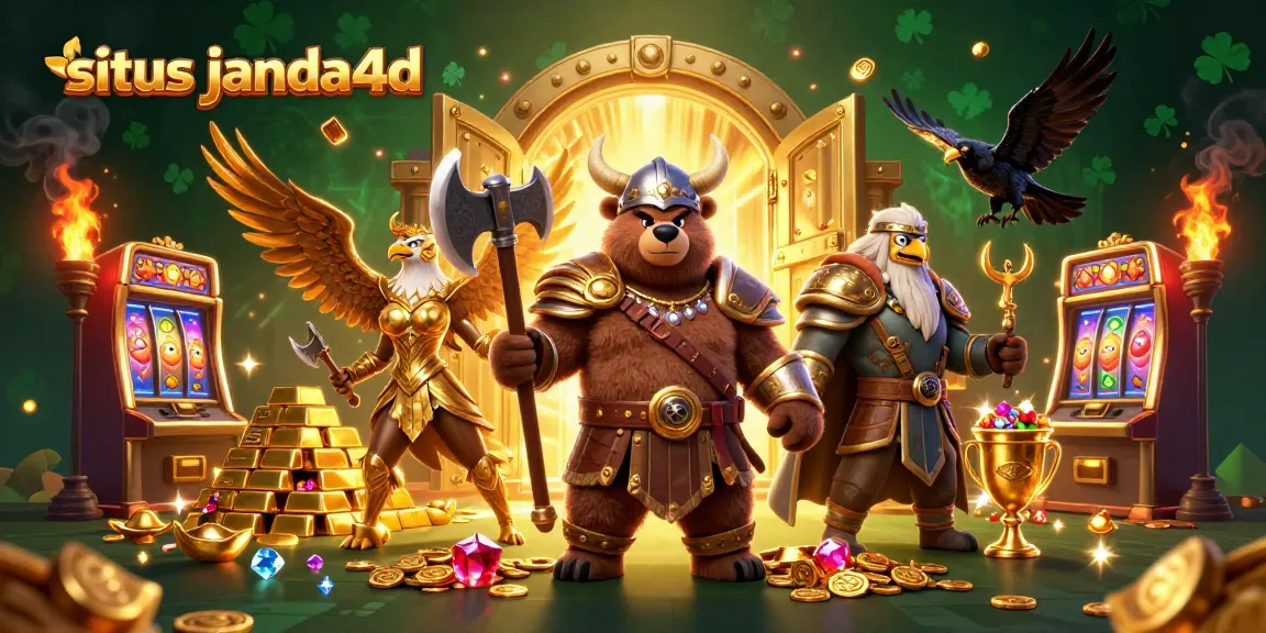 Menangkan jackpot dengan situs janda4d bersama karakter kartun Viking dan harta karun berkilauan.