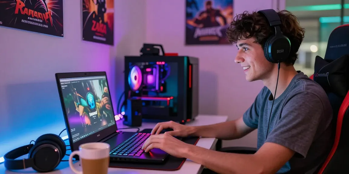 Exciting Raja Game login experience with a gamer at a modern desk, laptop glowing, LED lights shining in a vibrant atmosphere.