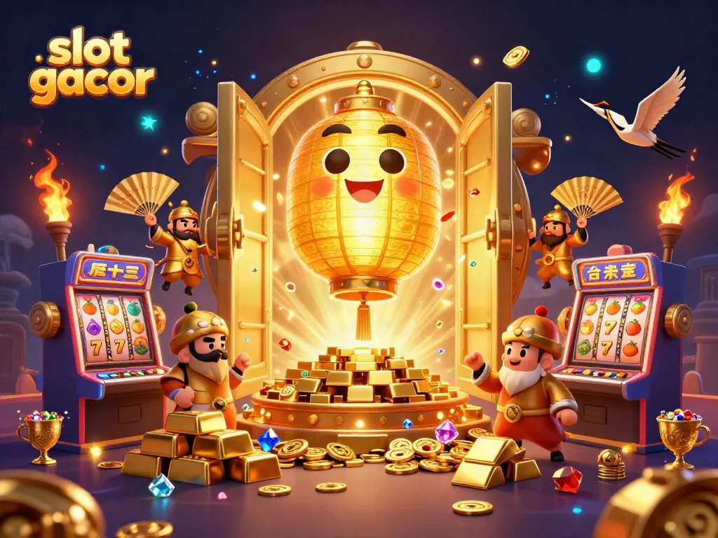 Experience a vibrant slot gacor scene with glowing lanterns and golden treasures at an animated casino.