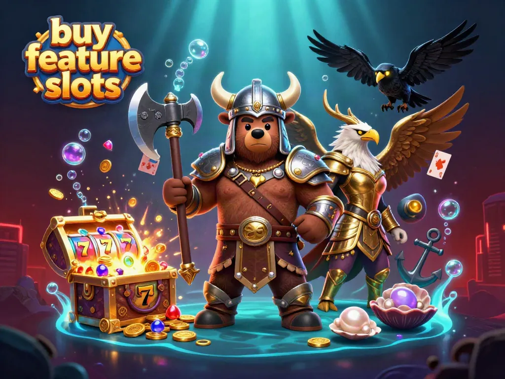 Experience buy feature slots excitement with Viking bear, Valkyrie eagle, and glowing treasures in action.