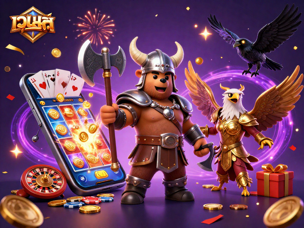 Win big at เว็บสล็อต with vibrant 3D Viking scene featuring dynamic casino games and exciting elements.