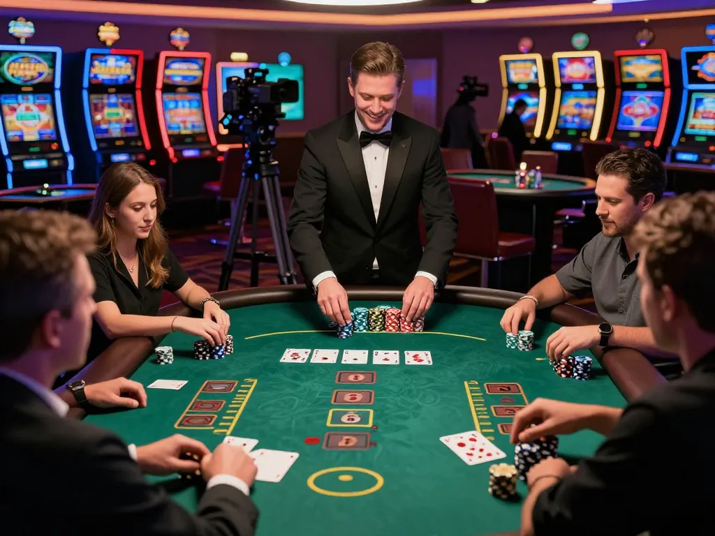 Players strategizing their bets at Fun 88 blackjack table in vibrant Las Vegas casino.