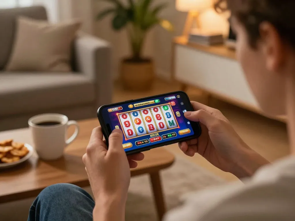 Player engaging with fabet11 mobile casino app, showing exciting slot game interface in cozy home environment.