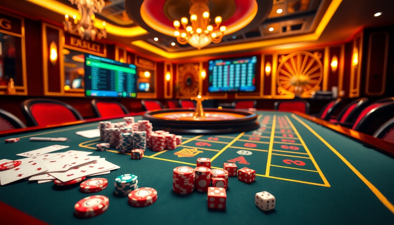 Experience the thrill of nk88 bet with a luxurious casino scene featuring poker chips, cards, and a roulette wheel.