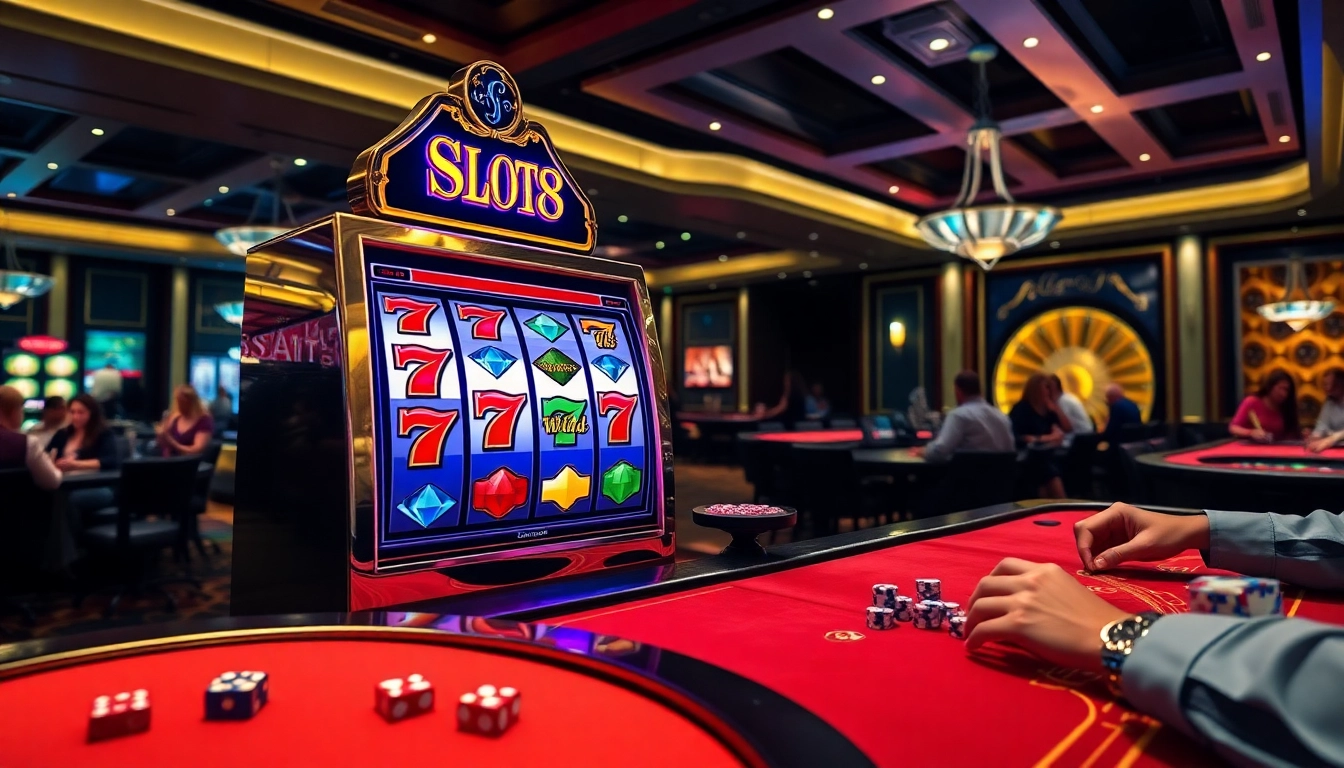 Experience the excitement of slot88 with a vibrant casino scene featuring colorful slot machines and eager players.