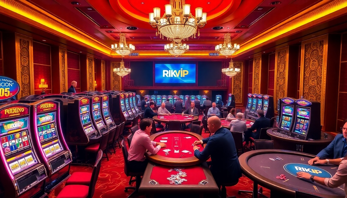 Rikvip players celebrating a big win at a vibrant casino table with cards and chips.