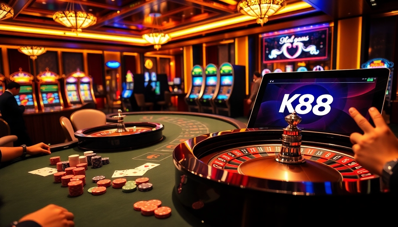 K88 casino scene showcasing vibrant poker chips and an active roulette table, capturing the excitement of gambling.