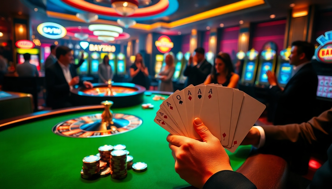 Bay789 players enjoy an exciting poker game at a luxurious casino table.
