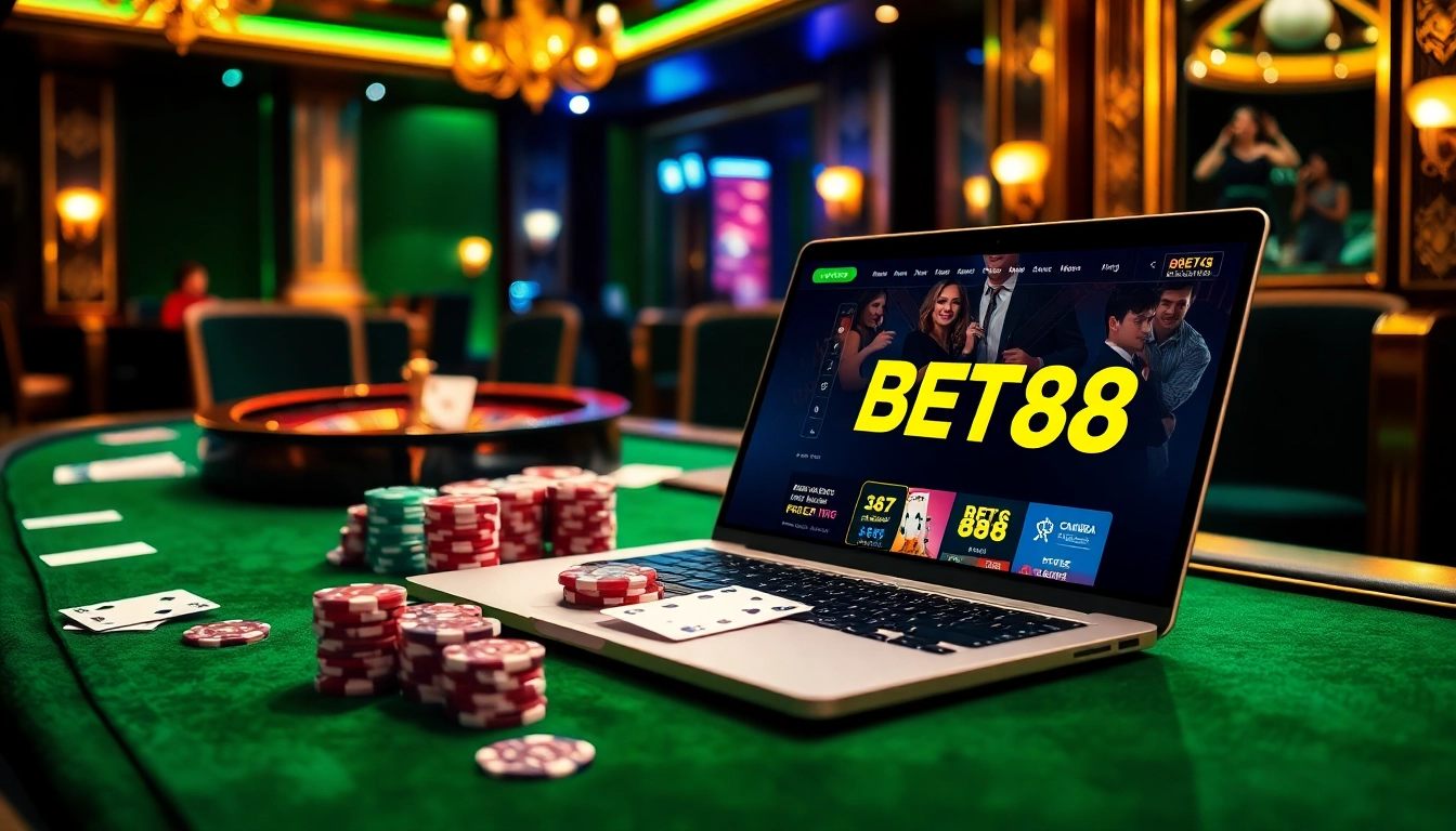 BET88 showcases an exciting casino experience with vibrant lights and engaging games.