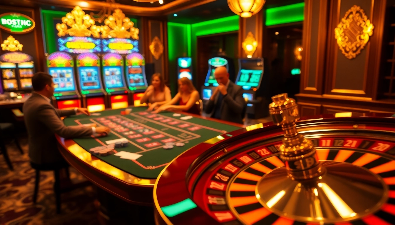 Engaging gamblers in a luxurious casino setting around MB66 card and roulette tables.