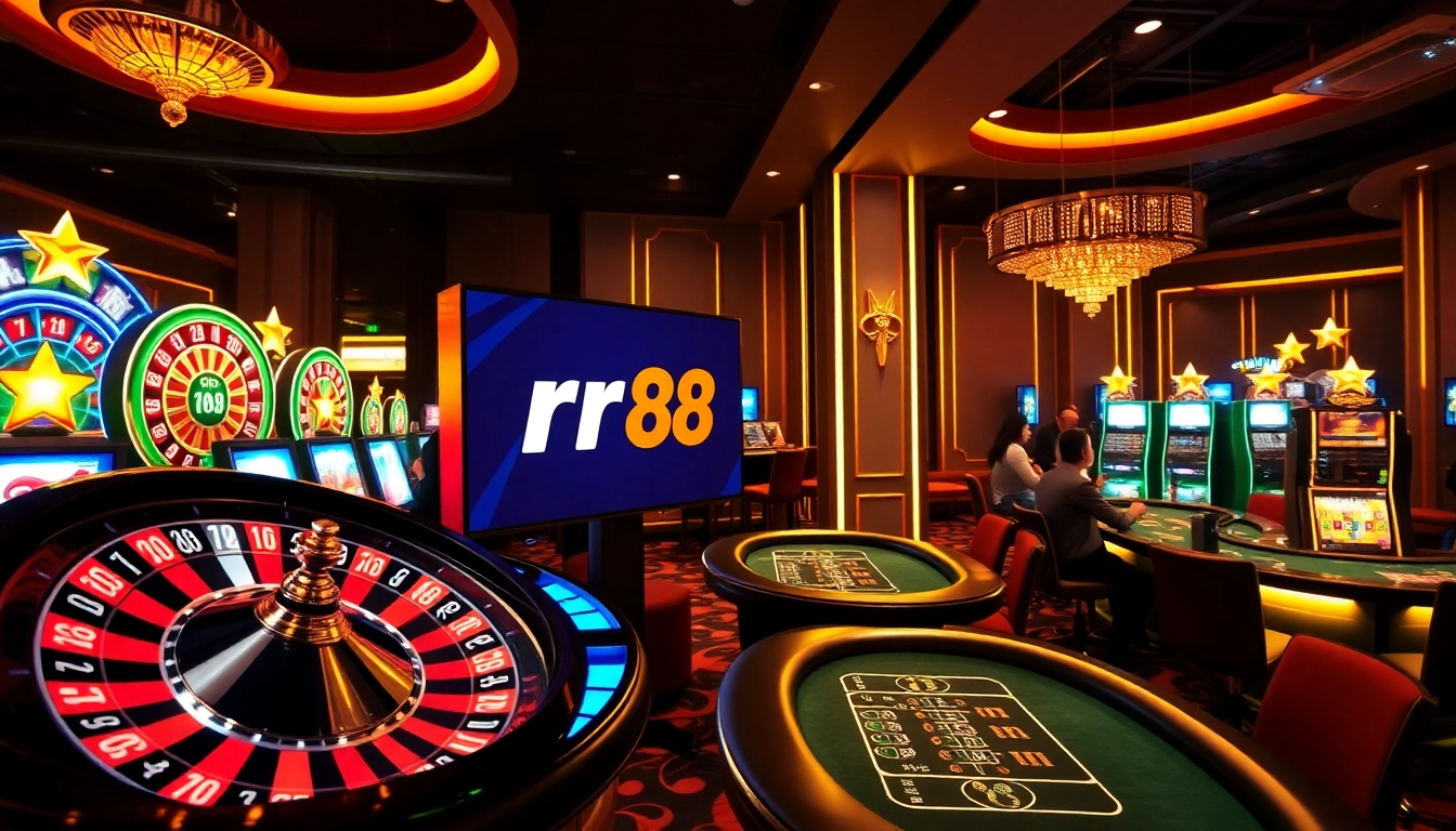 Excited players enjoy a luxurious rr 88 casino experience with roulette and slot machines.
