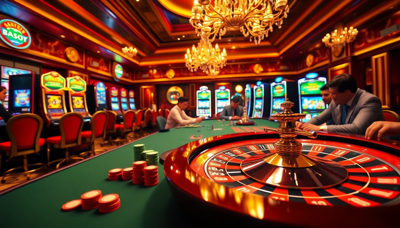 Pemain bermain di meja poker yang penuh warna, fokus pada pengalaman Datukwin di kasino mewah.