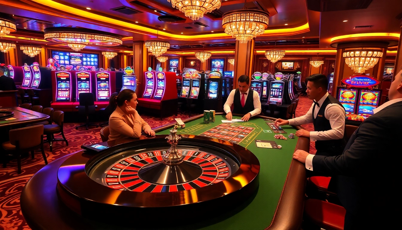 Rikvip players enjoying an exciting casino scene with professional dealers and vibrant gaming tables.