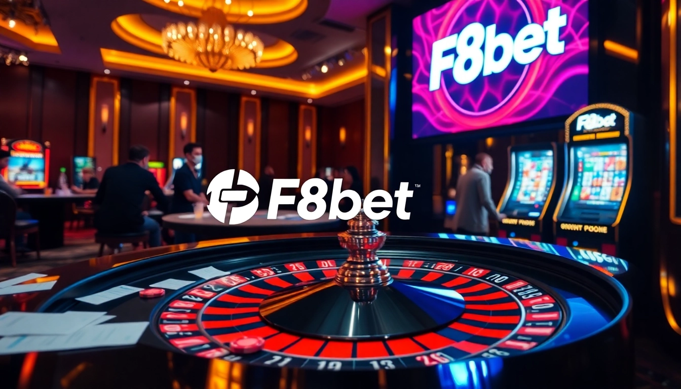 Experience F8bet's thrilling casino atmosphere with roulette, chips, and engaged players.