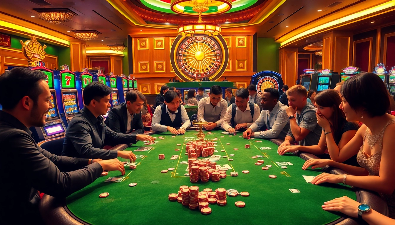 Players enjoy an exciting game of poker at VN88's vibrant casino table, featuring colorful chips and engaging action.
