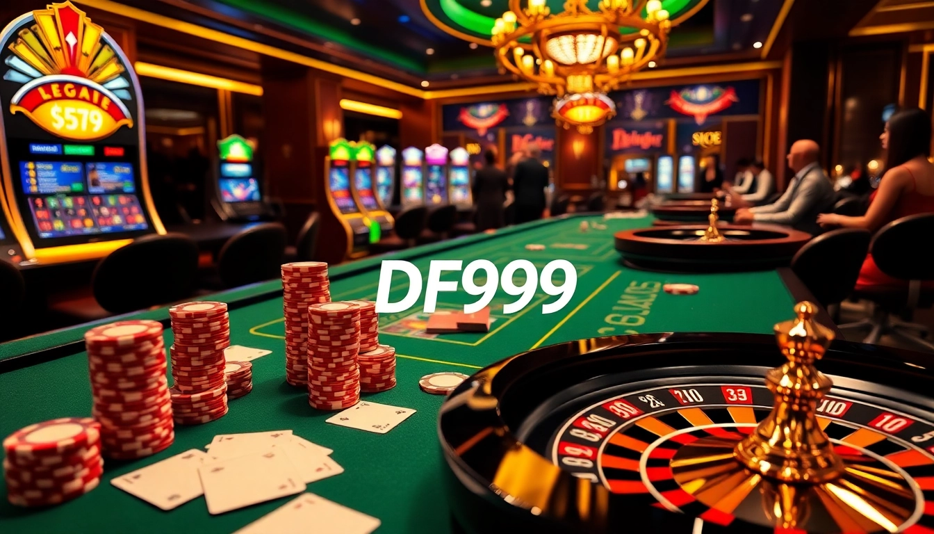 Experience the excitement of online gambling with DF999's vibrant casino atmosphere featuring poker chips and roulette.