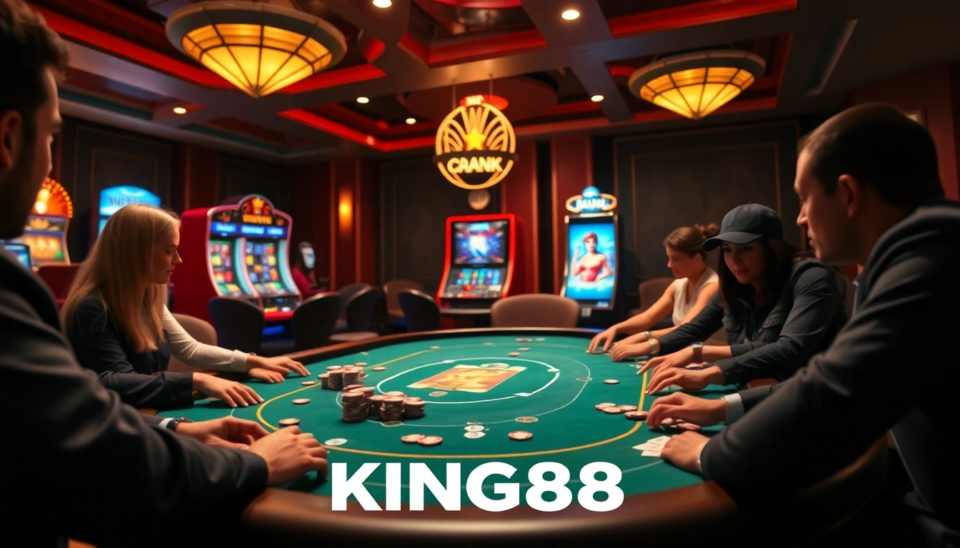 Experience the thrills of KING88 with players at a poker table in a luxurious casino setting.