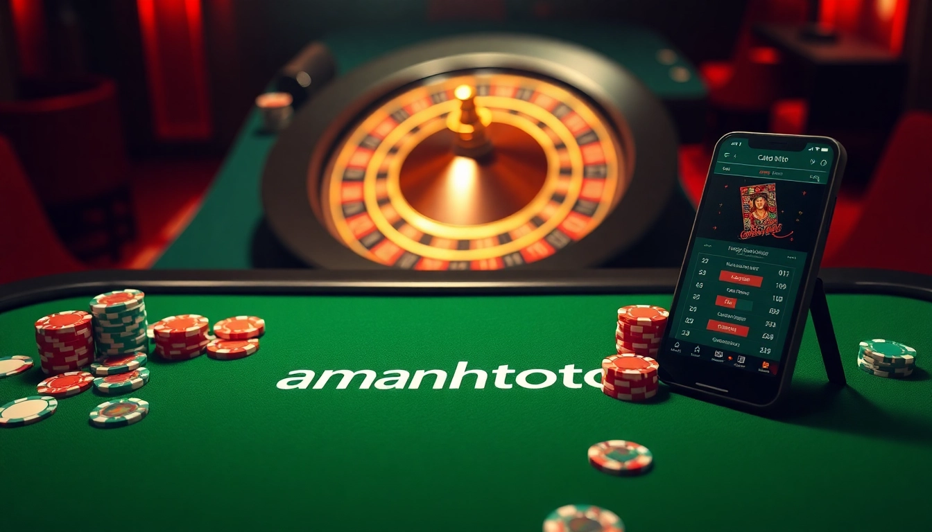 Engage with amanahtoto betting action featuring vibrant chips and cards in a luxurious casino setting.