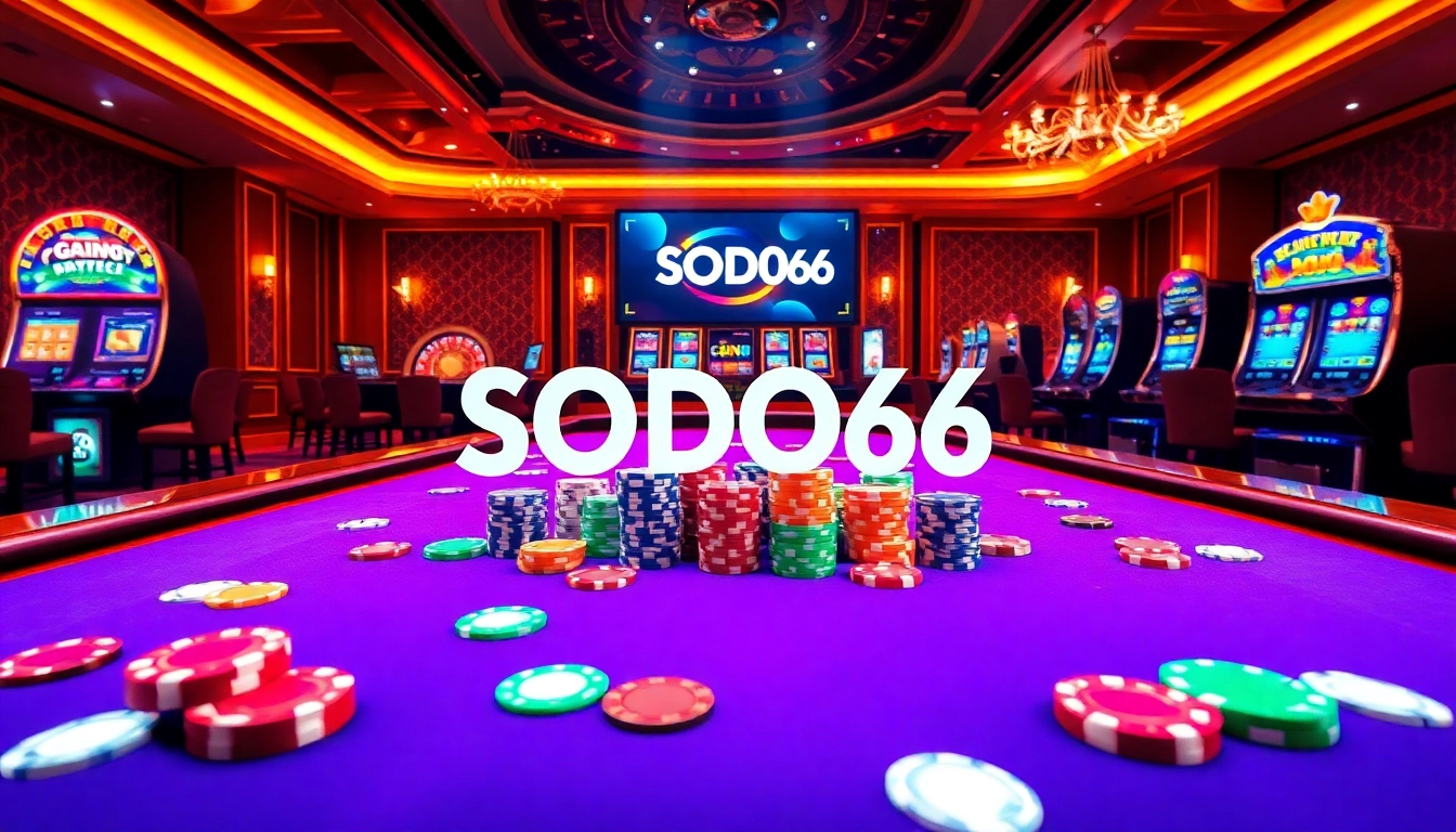 SODO66 thrilling casino scene with vibrant gaming tables, colorful chips, and opulent decor.