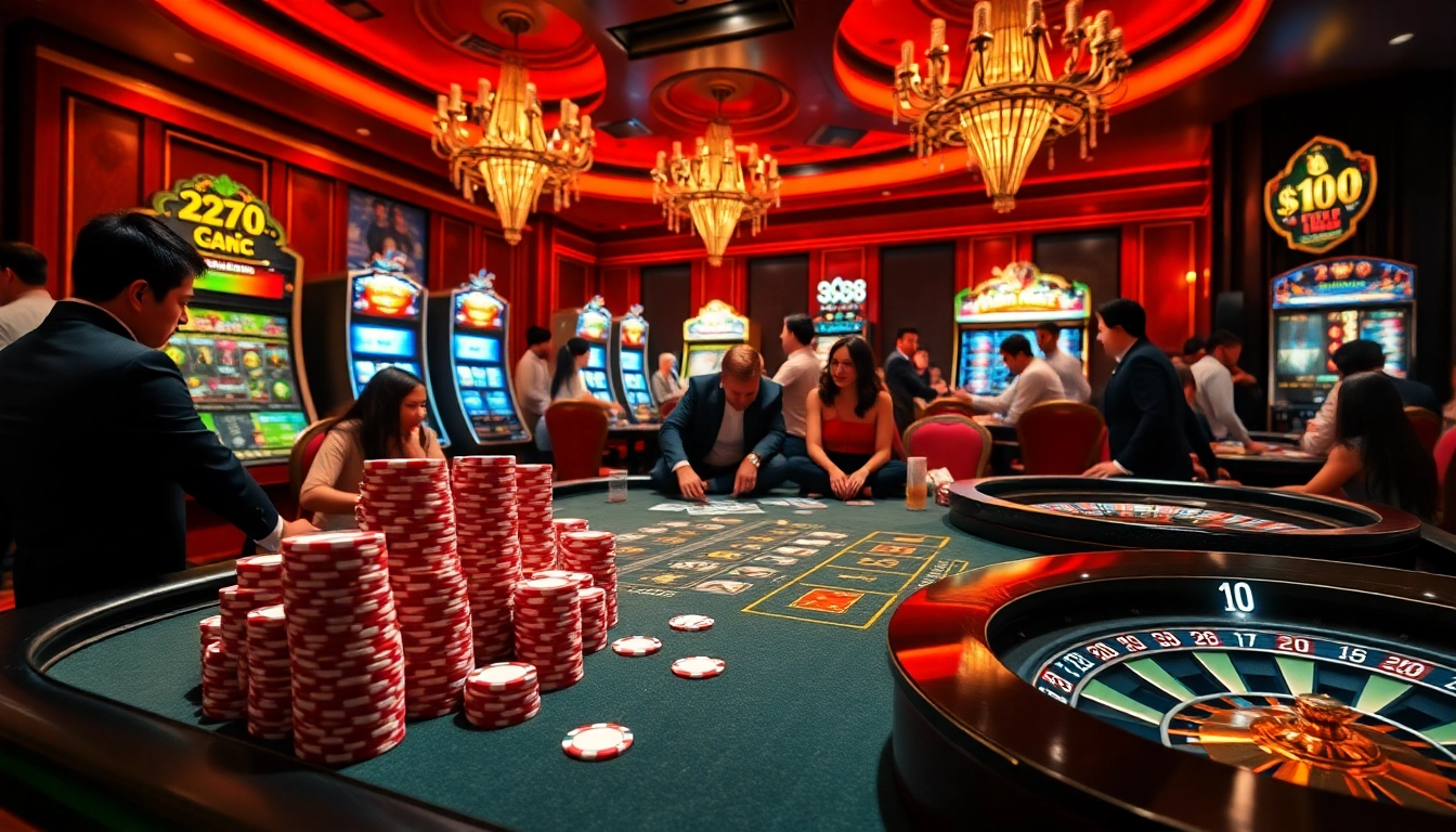 Players engaging in an exciting game session at nhà cái go88, showcasing vibrant slot machines and a roulette table.