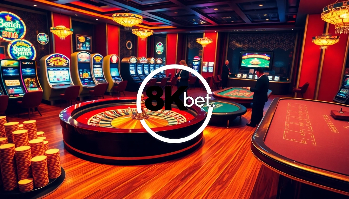 Exciting gameplay at 8kbet.ink showcasing luxurious casino elements like roulette and poker chips.