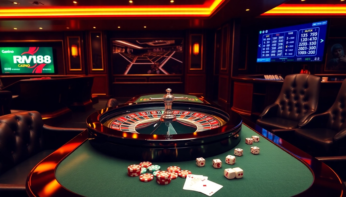 Experience excitement at RR88 with a vibrant online casino scene featuring roulette, cards, and chips.