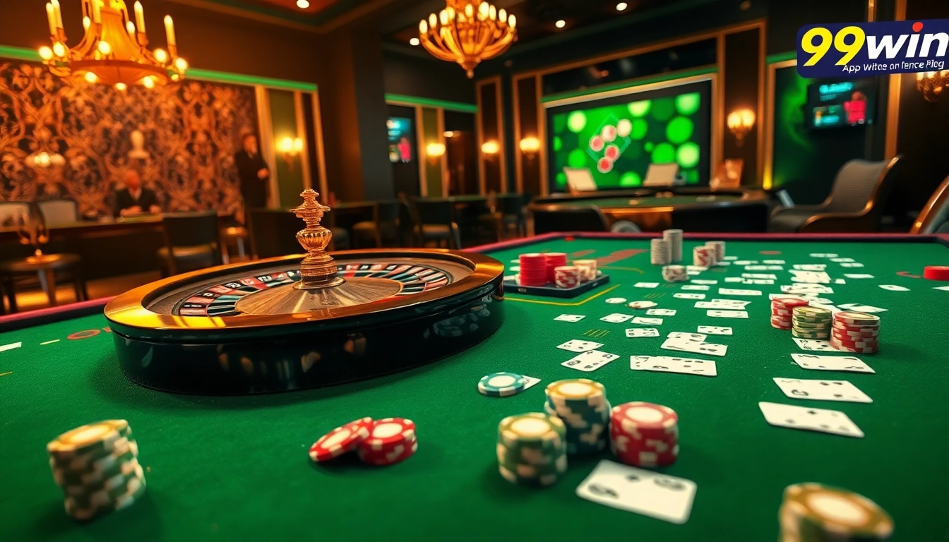 Experience thrilling gameplay at 99win with luxurious casino tables and vibrant gambling elements.