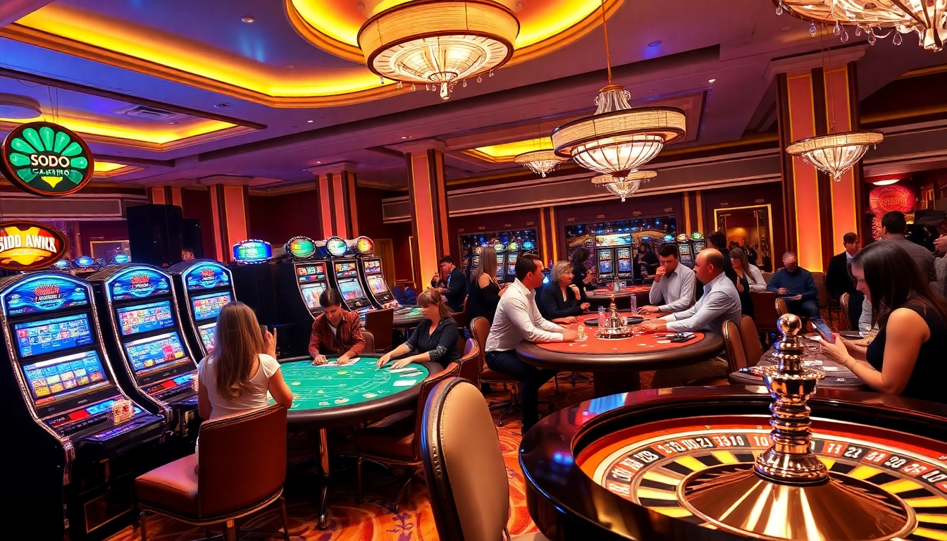 SODO CASINO players enjoying intense gameplay at various tables, showcasing excitement and luxury.