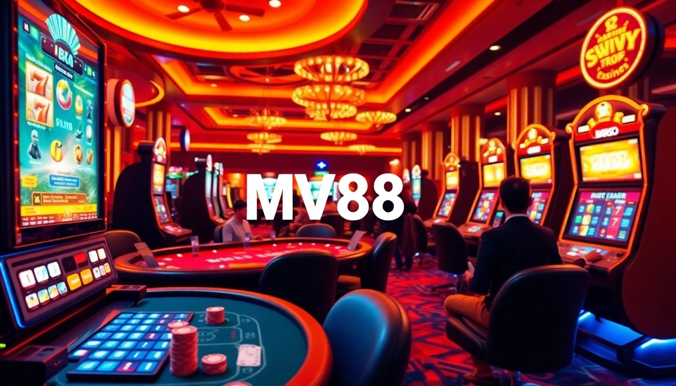 Energetic gamblers engaging with MV88 in a vibrant online casino atmosphere.
