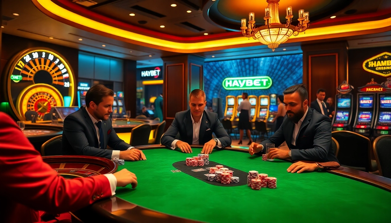HAYBET casino scene showcasing thrilling poker action with vibrant ambiance and luxury elements.